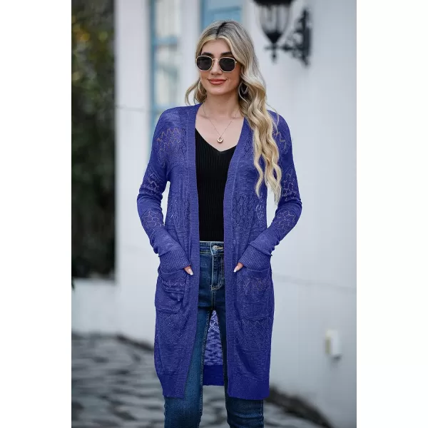 GRECERELLE Womens Lightweight Longer Length Cardigan Long Sleeve Casual Crochet Open-Front Sweater with Pockets