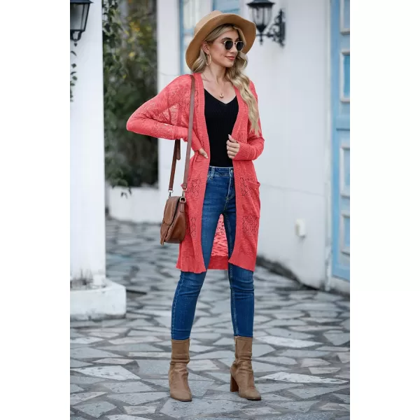 GRECERELLE Womens Lightweight Longer Length Cardigan Long Sleeve Casual Crochet Open-Front Sweater with Pockets