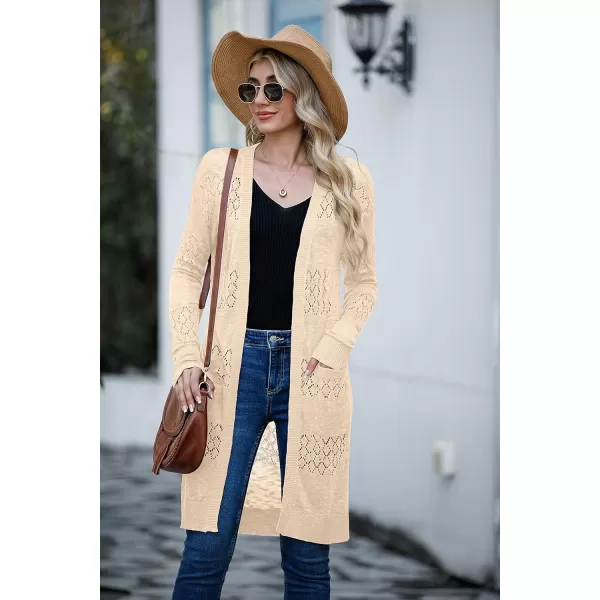 GRECERELLE Womens Lightweight Longer Length Cardigan Long Sleeve Casual Crochet Open-Front Sweater with Pockets