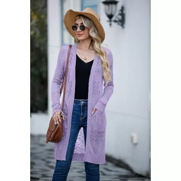 GRECERELLE Womens Lightweight Longer Length Cardigan Long Sleeve Casual Crochet Open-Front Sweater with Pockets