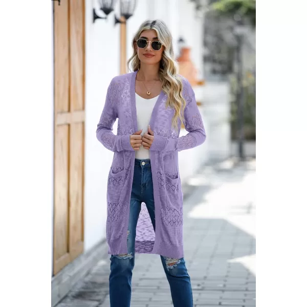 GRECERELLE Womens Lightweight Longer Length Cardigan Long Sleeve Casual Crochet Open-Front Sweater with Pockets