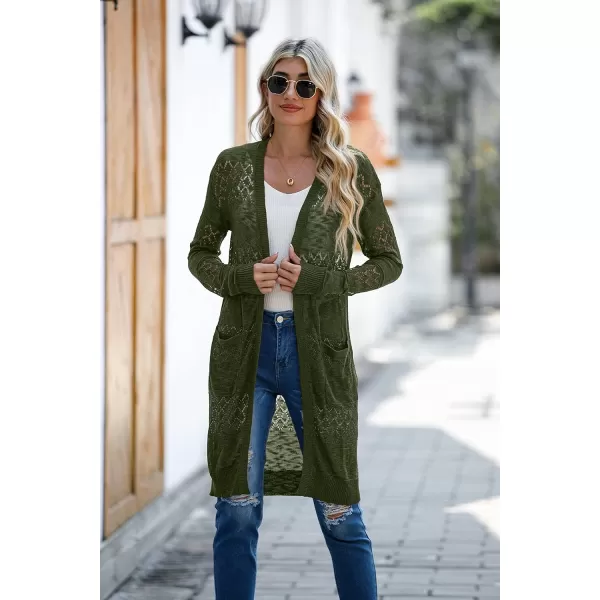 GRECERELLE Womens Lightweight Longer Length Cardigan Long Sleeve Casual Crochet Open-Front Sweater with Pockets