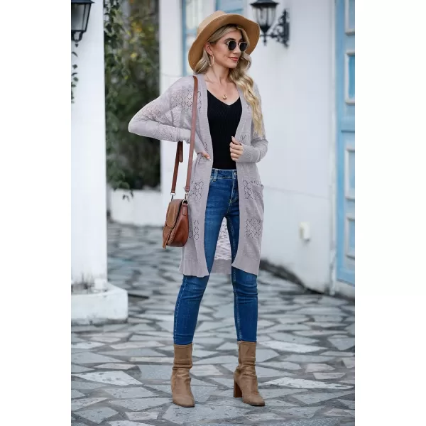 GRECERELLE Womens Lightweight Longer Length Cardigan Long Sleeve Casual Crochet Open-Front Sweater with Pockets