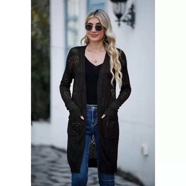 GRECERELLE Womens Lightweight Longer Length Cardigan Long Sleeve Casual Crochet Open-Front Sweater with Pockets