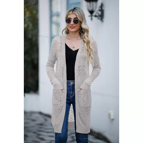 GRECERELLE Womens Lightweight Longer Length Cardigan Long Sleeve Casual Crochet Open-Front Sweater with Pockets
