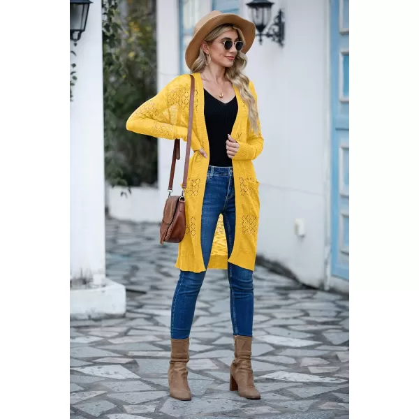 GRECERELLE Womens Lightweight Longer Length Cardigan Long Sleeve Casual Crochet Open-Front Sweater with Pockets