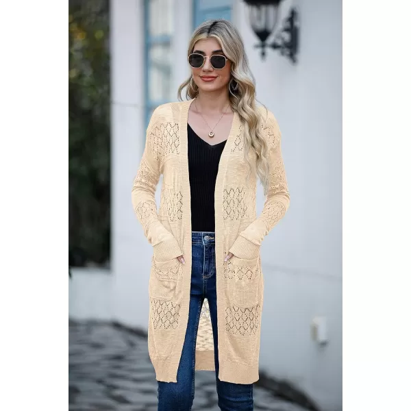 GRECERELLE Womens Lightweight Longer Length Cardigan Long Sleeve Casual Crochet Open-Front Sweater with Pockets