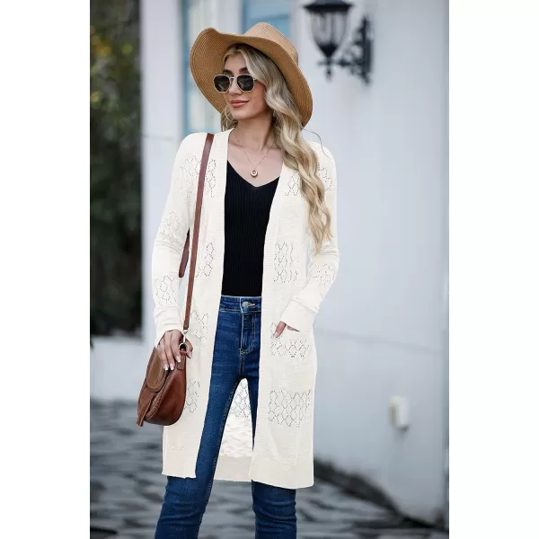 GRECERELLE Womens Lightweight Longer Length Cardigan Long Sleeve Casual Crochet Open-Front Sweater with Pockets
