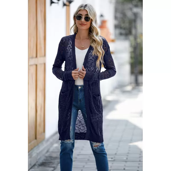 GRECERELLE Womens Lightweight Longer Length Cardigan Long Sleeve Casual Crochet Open-Front Sweater with Pockets