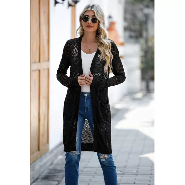 GRECERELLE Womens Lightweight Longer Length Cardigan Long Sleeve Casual Crochet Open-Front Sweater with Pockets