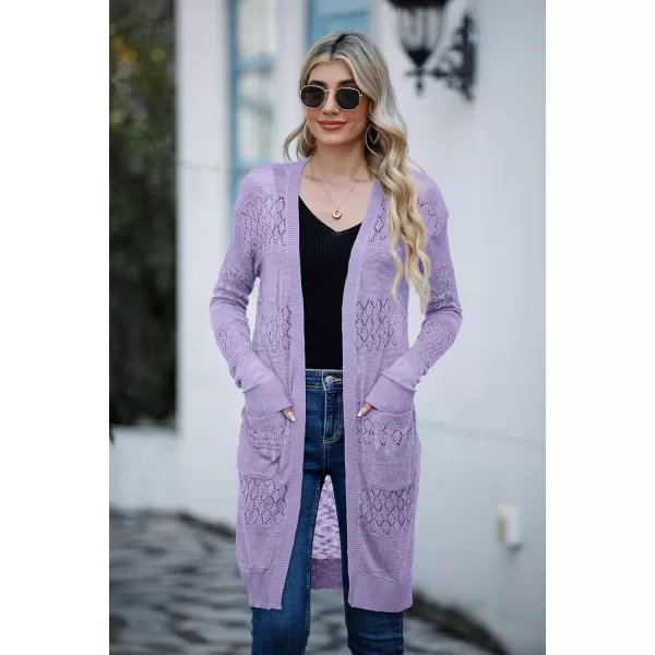 GRECERELLE Womens Lightweight Longer Length Cardigan Long Sleeve Casual Crochet Open-Front Sweater with Pockets