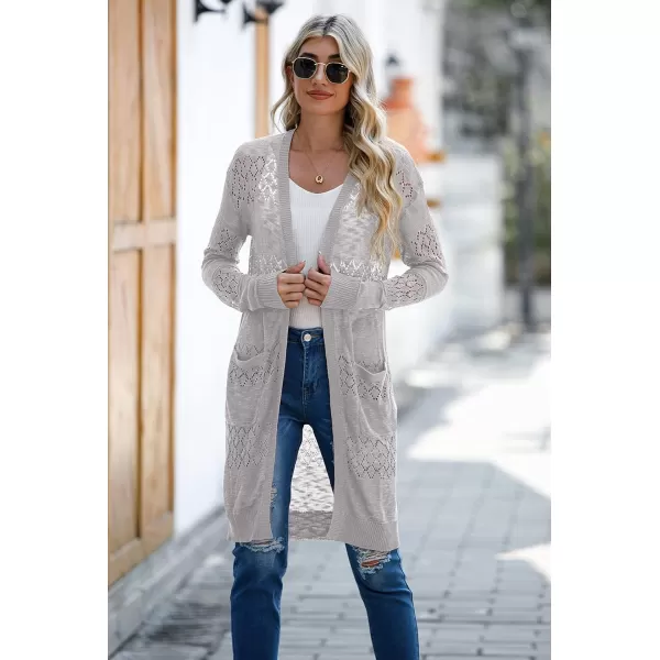 GRECERELLE Womens Lightweight Longer Length Cardigan Long Sleeve Casual Crochet Open-Front Sweater with Pockets