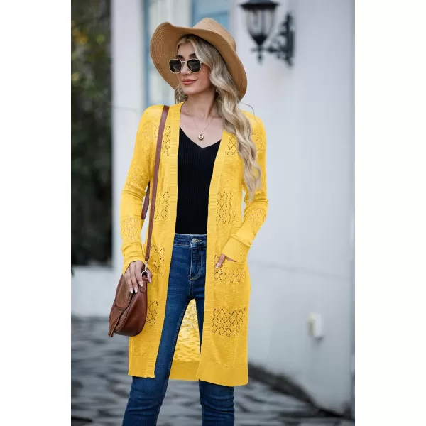GRECERELLE Womens Lightweight Longer Length Cardigan Long Sleeve Casual Crochet Open-Front Sweater with Pockets
