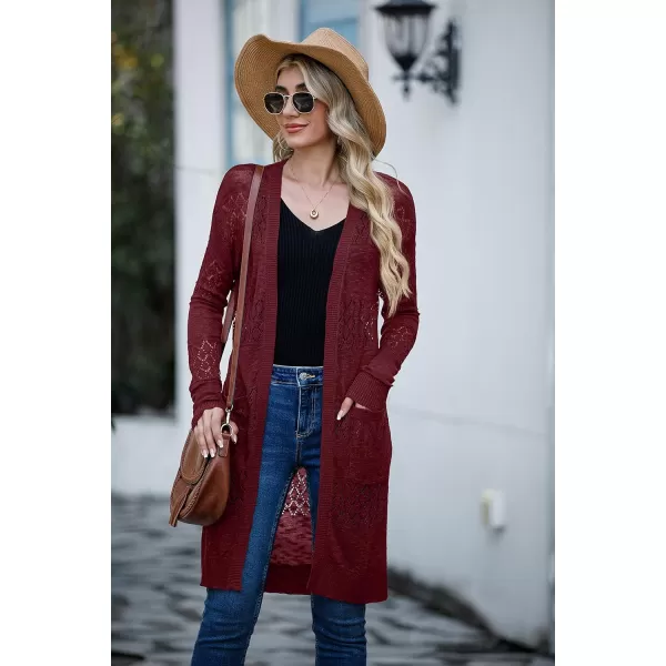 GRECERELLE Womens Lightweight Longer Length Cardigan Long Sleeve Casual Crochet Open-Front Sweater with Pockets
