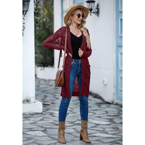 GRECERELLE Womens Lightweight Longer Length Cardigan Long Sleeve Casual Crochet Open-Front Sweater with Pockets