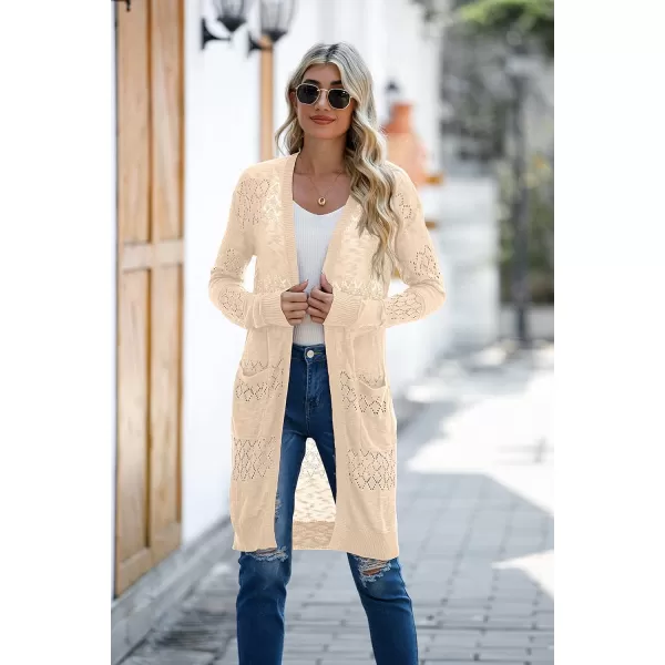 GRECERELLE Womens Lightweight Longer Length Cardigan Long Sleeve Casual Crochet Open-Front Sweater with Pockets