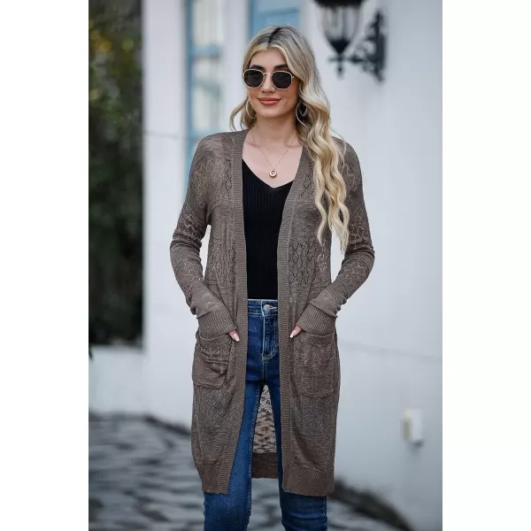 GRECERELLE Womens Lightweight Longer Length Cardigan Long Sleeve Casual Crochet Open-Front Sweater with Pockets