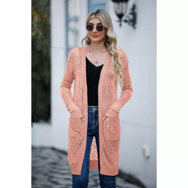 GRECERELLE Womens Lightweight Longer Length Cardigan Long Sleeve Casual Crochet Open-Front Sweater with Pockets