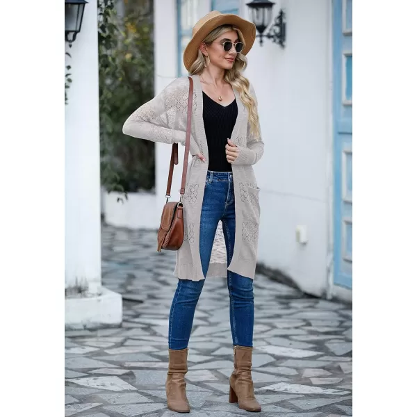 GRECERELLE Womens Lightweight Longer Length Cardigan Long Sleeve Casual Crochet Open-Front Sweater with Pockets
