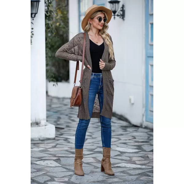 GRECERELLE Womens Lightweight Longer Length Cardigan Long Sleeve Casual Crochet Open-Front Sweater with Pockets