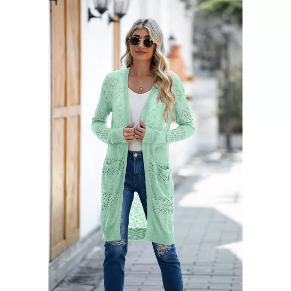 GRECERELLE Womens Lightweight Longer Length Cardigan Long Sleeve Casual Crochet Open-Front Sweater with Pockets