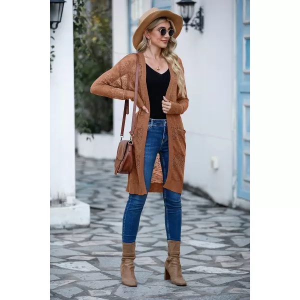 GRECERELLE Womens Lightweight Longer Length Cardigan Long Sleeve Casual Crochet Open-Front Sweater with Pockets