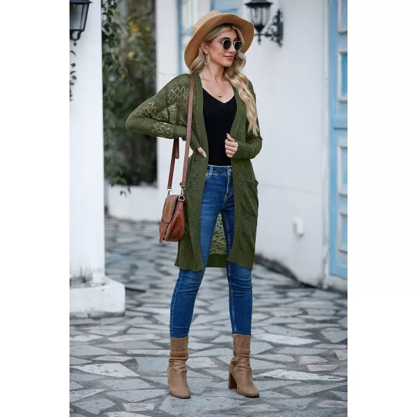 GRECERELLE Womens Lightweight Longer Length Cardigan Long Sleeve Casual Crochet Open-Front Sweater with Pockets