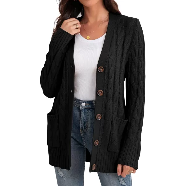 GRECERELLE Women's Long Sleeve Loose Knit Cable Open Front Button Down Cardigan Sweater Outerwear Coat with Pockets
