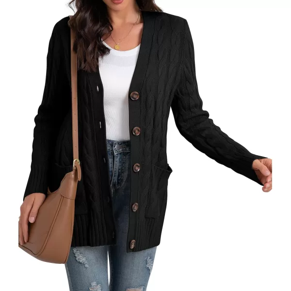 GRECERELLE Women's Long Sleeve Loose Knit Cable Open Front Button Down Cardigan Sweater Outerwear Coat with Pockets