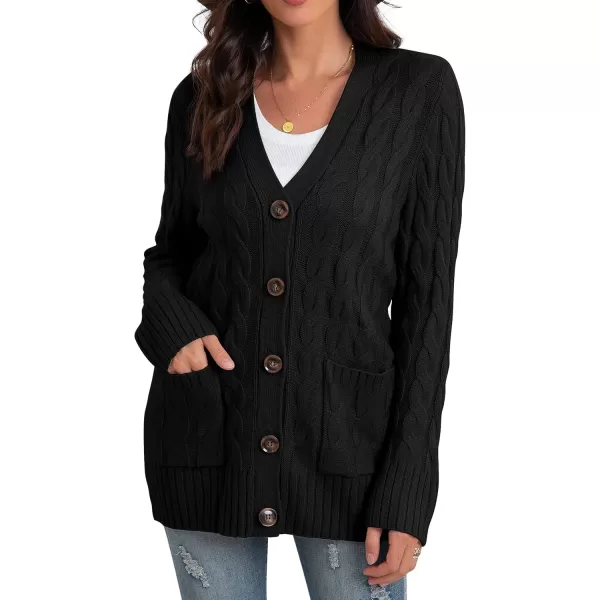 GRECERELLE Women's Long Sleeve Loose Knit Cable Open Front Button Down Cardigan Sweater Outerwear Coat with Pockets