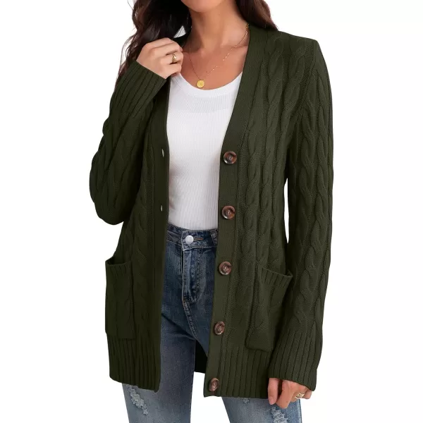 GRECERELLE Women's Long Sleeve Loose Knit Cable Open Front Button Down Cardigan Sweater Outerwear Coat with Pockets