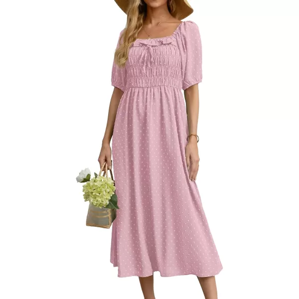GRECERELLE Women's Summer Boho Midi Dress Puff Sleeve Square Neck Swiss Dot Flowy Off Shoulder Dress