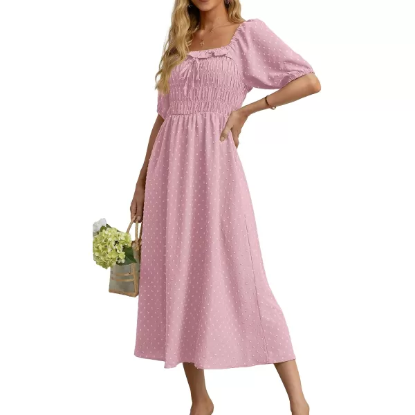 GRECERELLE Women's Summer Boho Midi Dress Puff Sleeve Square Neck Swiss Dot Flowy Off Shoulder Dress