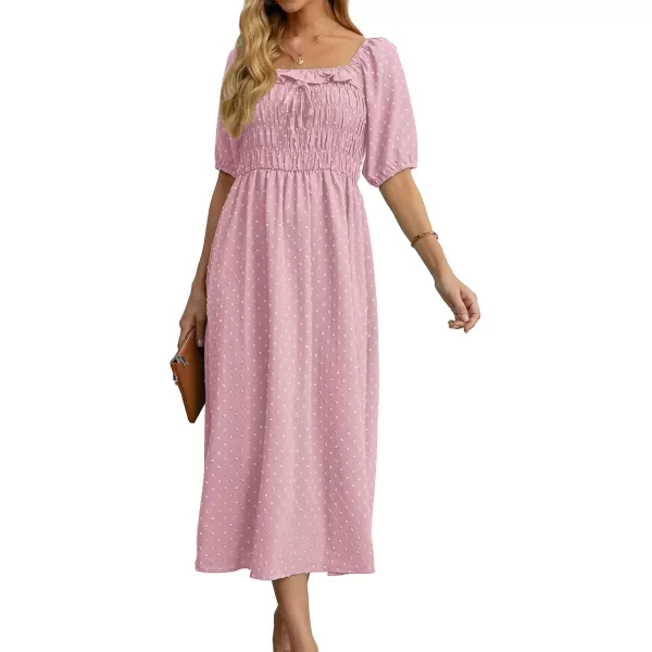 GRECERELLE Women's Summer Boho Midi Dress Puff Sleeve Square Neck Swiss Dot Flowy Off Shoulder Dress