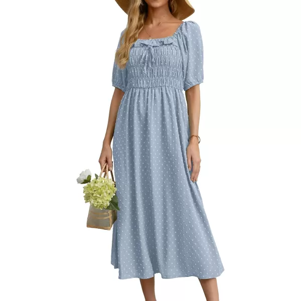 GRECERELLE Women's Summer Boho Midi Dress Puff Sleeve Square Neck Swiss Dot Flowy Off Shoulder Dress