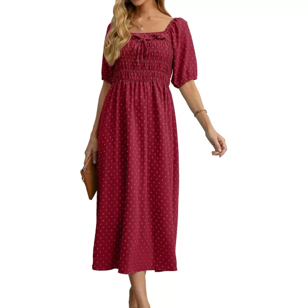 GRECERELLE Women's Summer Boho Midi Dress Puff Sleeve Square Neck Swiss Dot Flowy Off Shoulder Dress