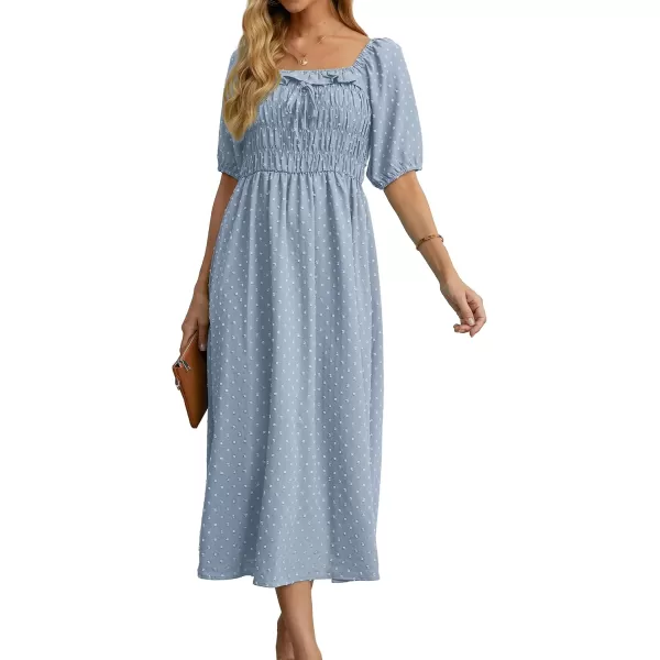 GRECERELLE Women's Summer Boho Midi Dress Puff Sleeve Square Neck Swiss Dot Flowy Off Shoulder Dress