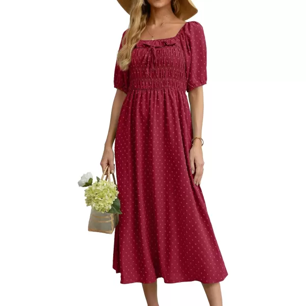 GRECERELLE Women's Summer Boho Midi Dress Puff Sleeve Square Neck Swiss Dot Flowy Off Shoulder Dress
