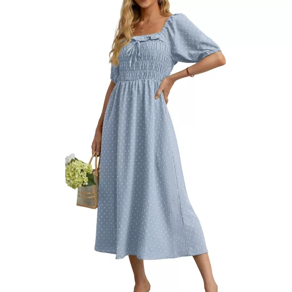 GRECERELLE Women's Summer Boho Midi Dress Puff Sleeve Square Neck Swiss Dot Flowy Off Shoulder Dress