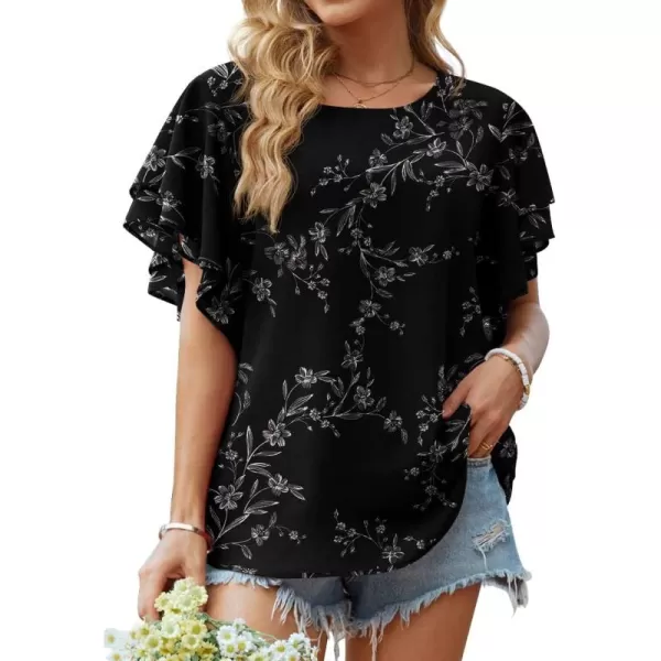 GRECERELLE Summer Tops for Women Dressy Casual Flowy Chiffon Blouse Double Ruffle Short Sleeve 2022