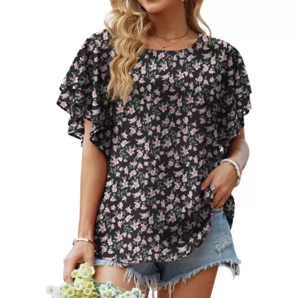 GRECERELLE Summer Tops for Women Dressy Casual Flowy Chiffon Blouse Double Ruffle Short Sleeve 2022