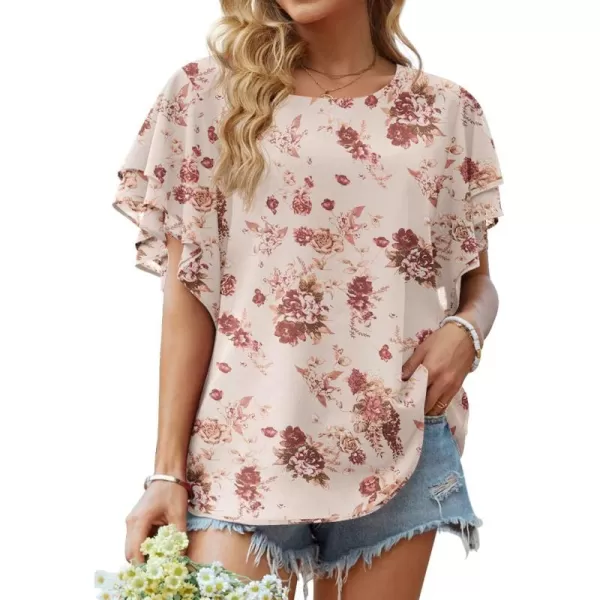 GRECERELLE Summer Tops for Women Dressy Casual Flowy Chiffon Blouse Double Ruffle Short Sleeve 2022