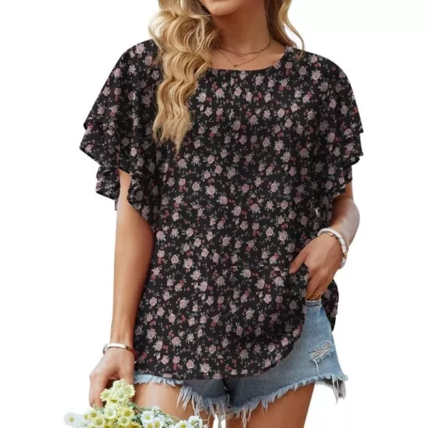 GRECERELLE Summer Tops for Women Dressy Casual Flowy Chiffon Blouse Double Ruffle Short Sleeve 2022