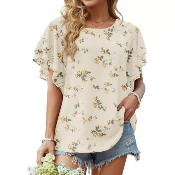 GRECERELLE Summer Tops for Women Dressy Casual Flowy Chiffon Blouse Double Ruffle Short Sleeve 2022