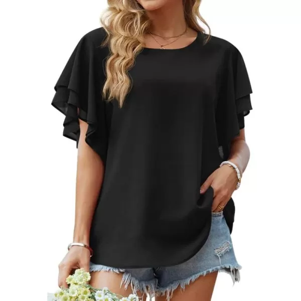 GRECERELLE Summer Tops for Women Dressy Casual Flowy Chiffon Blouse Double Ruffle Short Sleeve 2022
