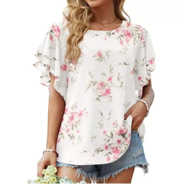 GRECERELLE Summer Tops for Women Dressy Casual Flowy Chiffon Blouse Double Ruffle Short Sleeve 2022