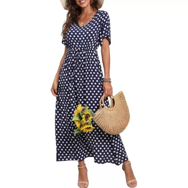 GRECERELLE Women Boho Summer Floral Print Loose Casual Dress V Neck Short Sleeve Drawstring Waist Flowy Long Maxi Dresses