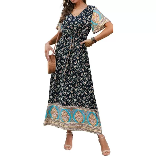 GRECERELLE Women Boho Summer Floral Print Loose Casual Dress V Neck Short Sleeve Drawstring Waist Flowy Long Maxi Dresses