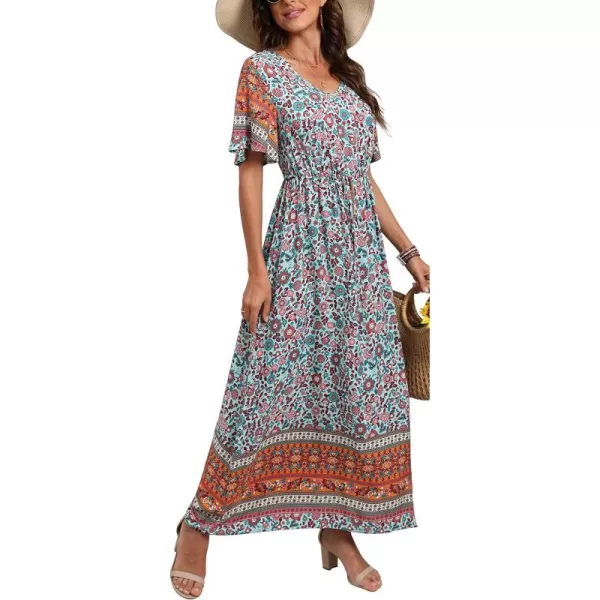 GRECERELLE Women Boho Summer Floral Print Loose Casual Dress V Neck Short Sleeve Drawstring Waist Flowy Long Maxi Dresses