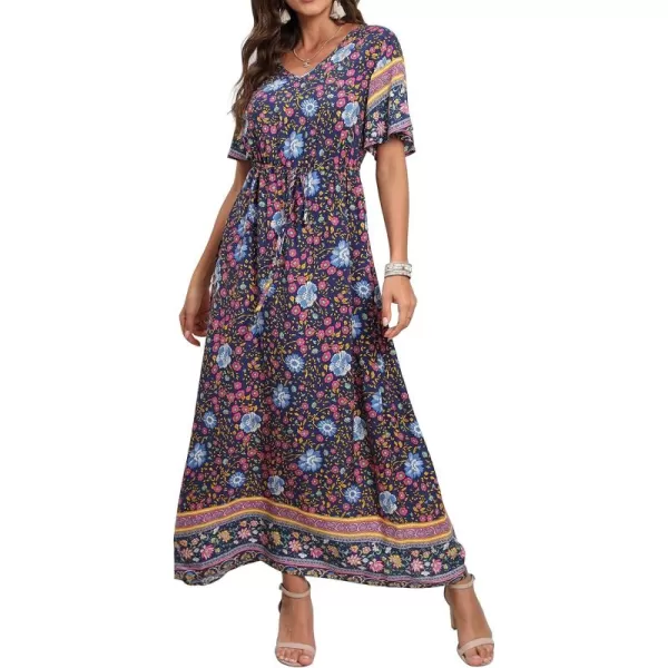 GRECERELLE Women Boho Summer Floral Print Loose Casual Dress V Neck Short Sleeve Drawstring Waist Flowy Long Maxi Dresses